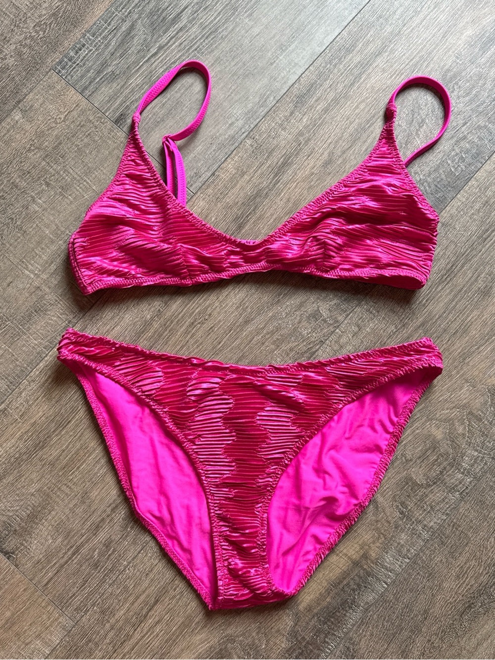 Hot Pink Textured Triangle Bikini Set - Women Swim
